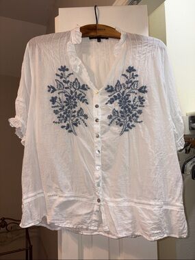 JP and Mattie White Blouse with Blue Floral Embroidery from Sundance